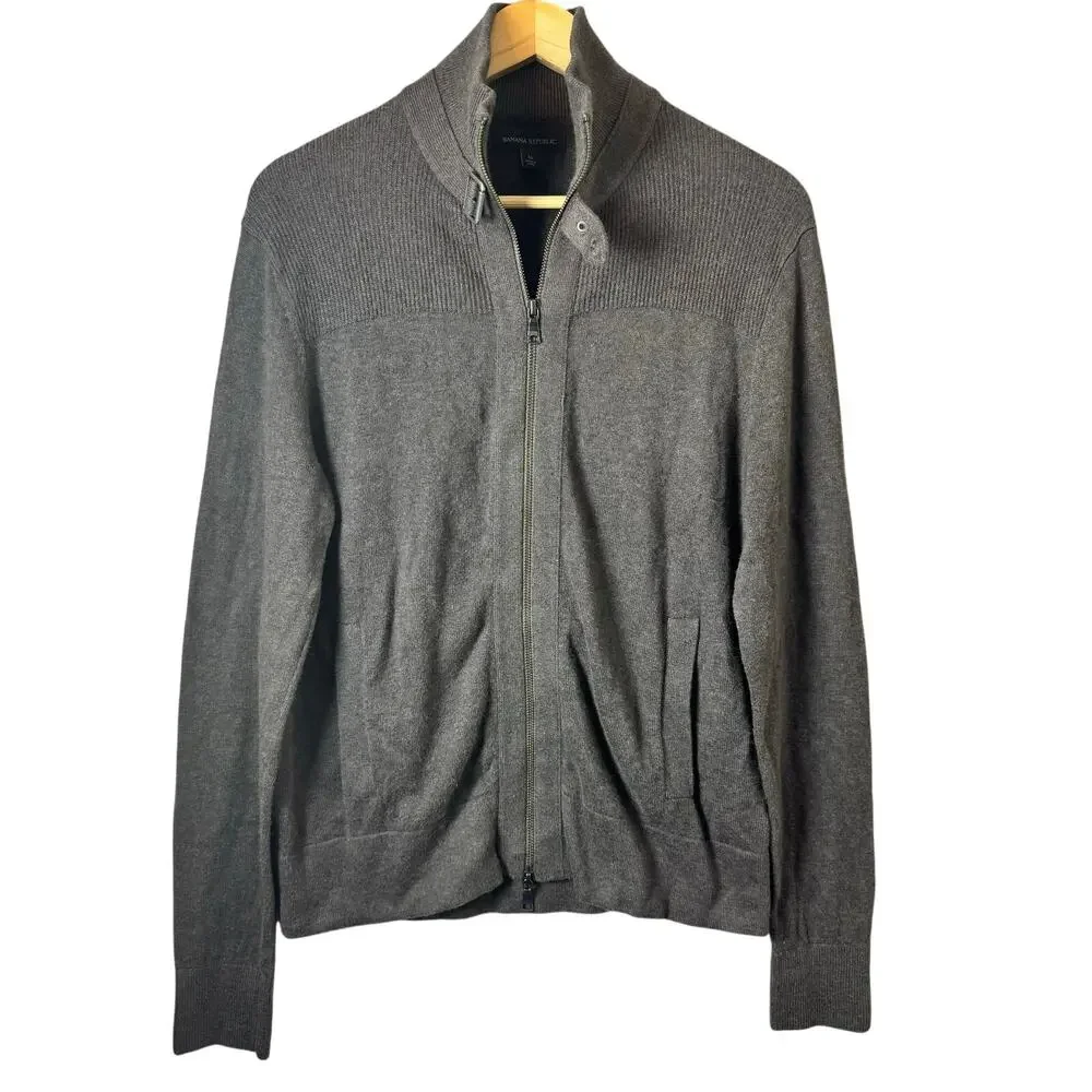 Banana Republic Grandpa Cardigan Sweater Mens Full Zip Gray Preppy Academia Mock